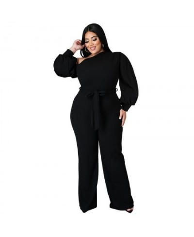 Plus Size Jumpsuit Women with Sashes Sexy Salsh Neck Solid Color Chic Lantern Sleeve Ladies Long Rompers Wholesale $47.45 - P...