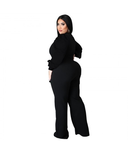 Plus Size Jumpsuit Women with Sashes Sexy Salsh Neck Solid Color Chic Lantern Sleeve Ladies Long Rompers Wholesale $47.45 - P...