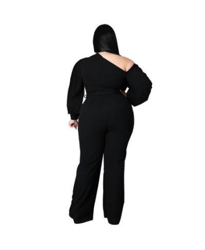 Plus Size Jumpsuit Women with Sashes Sexy Salsh Neck Solid Color Chic Lantern Sleeve Ladies Long Rompers Wholesale $47.45 - P...