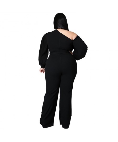 Plus Size Jumpsuit Women with Sashes Sexy Salsh Neck Solid Color Chic Lantern Sleeve Ladies Long Rompers Wholesale $47.45 - P...