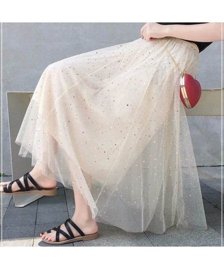 Elegant Long Mesh Skirt Women Korean Fashion Sequined Star Summer Ladies Tulle Skirts Pleated Elastic High Waist Party White ...