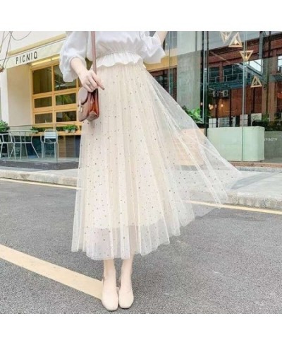 Elegant Long Mesh Skirt Women Korean Fashion Sequined Star Summer Ladies Tulle Skirts Pleated Elastic High Waist Party White ...