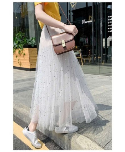 Elegant Long Mesh Skirt Women Korean Fashion Sequined Star Summer Ladies Tulle Skirts Pleated Elastic High Waist Party White ...