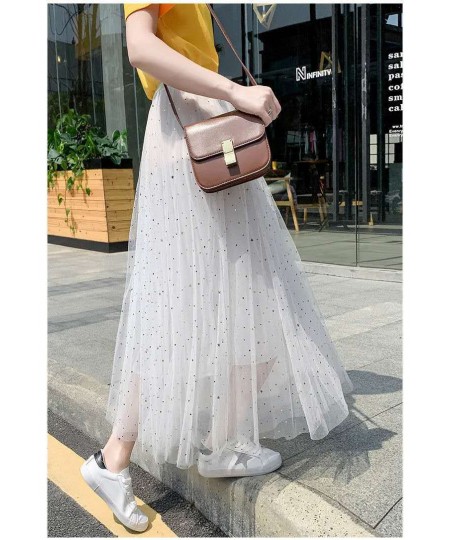 Elegant Long Mesh Skirt Women Korean Fashion Sequined Star Summer Ladies Tulle Skirts Pleated Elastic High Waist Party White ...