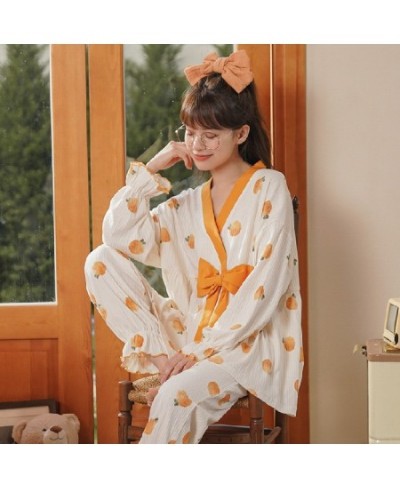 Women's Pajamas Set Autumn Winter Kimono Elastic Waist Sleepwear Set Full Cotton Women's Long Sleeve Nightwear Print Top Long...