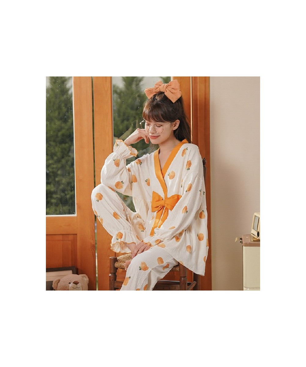 Women's Pajamas Set Autumn Winter Kimono Elastic Waist Sleepwear Set Full Cotton Women's Long Sleeve Nightwear Print Top Long...