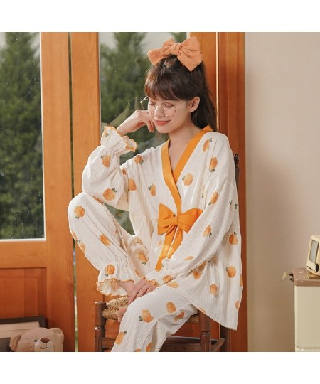 Women's Pajamas Set Autumn Winter Kimono Elastic Waist Sleepwear Set Full Cotton Women's Long Sleeve Nightwear Print Top Long...