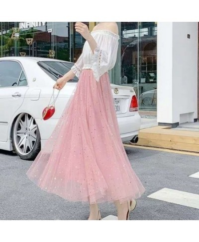 Elegant Long Mesh Skirt Women Korean Fashion Sequined Star Summer Ladies Tulle Skirts Pleated Elastic High Waist Party White ...