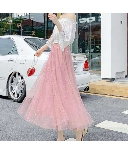 Elegant Long Mesh Skirt Women Korean Fashion Sequined Star Summer Ladies Tulle Skirts Pleated Elastic High Waist Party White ...