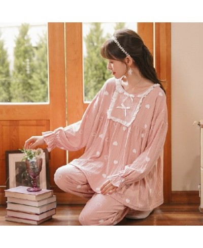 Women's Pajamas Set Autumn Winter Kimono Elastic Waist Sleepwear Set Full Cotton Women's Long Sleeve Nightwear Print Top Long...