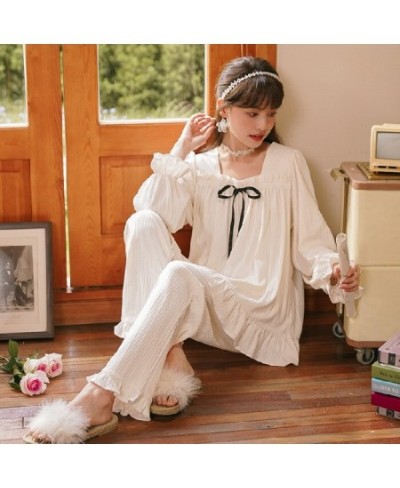 Women's Pajamas Set Autumn Winter Kimono Elastic Waist Sleepwear Set Full Cotton Women's Long Sleeve Nightwear Print Top Long...