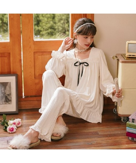 Women's Pajamas Set Autumn Winter Kimono Elastic Waist Sleepwear Set Full Cotton Women's Long Sleeve Nightwear Print Top Long...