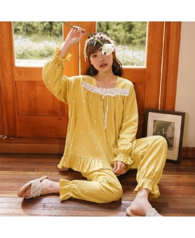 Women's Pajamas Set Autumn Winter Kimono Elastic Waist Sleepwear Set Full Cotton Women's Long Sleeve Nightwear Print Top Long...