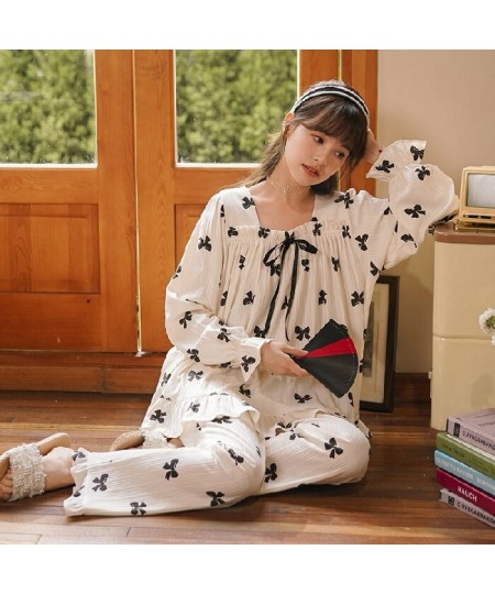 Women's Pajamas Set Autumn Winter Kimono Elastic Waist Sleepwear Set Full Cotton Women's Long Sleeve Nightwear Print Top Long...