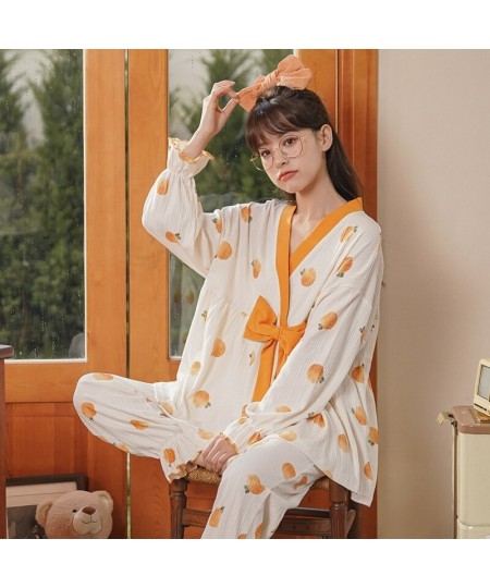 Women's Pajamas Set Autumn Winter Kimono Elastic Waist Sleepwear Set Full Cotton Women's Long Sleeve Nightwear Print Top Long...