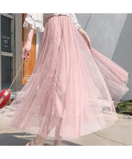 Elegant Long Mesh Skirt Women Korean Fashion Sequined Star Summer Ladies Tulle Skirts Pleated Elastic High Waist Party White ...