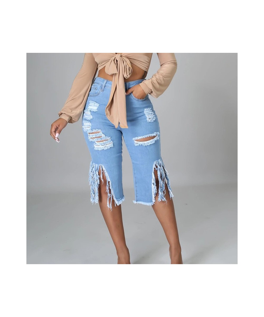 Women Jeans Hole Ripped Tassle Low Waist Elastic Flare Knee Length Denim Pants Sexy Fashion High Street Trousers 2023 $40.08 ...