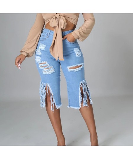 Women Jeans Hole Ripped Tassle Low Waist Elastic Flare Knee Length Denim Pants Sexy Fashion High Street Trousers 2023 $40.08 ...