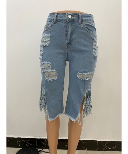 Women Jeans Hole Ripped Tassle Low Waist Elastic Flare Knee Length Denim Pants Sexy Fashion High Street Trousers 2023 $40.08 ...