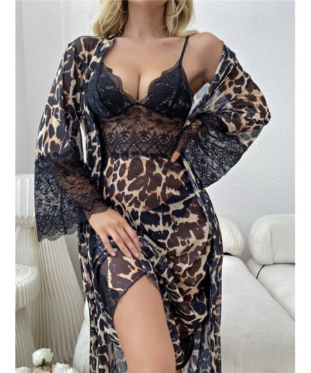 Sexy Sleepwear Women's Bathrobe Dress Set Leopard Print Lace Mesh Nightdress & Robe Bridal Lingerie Open Side Long Nightgown ...