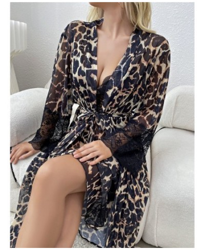 Sexy Sleepwear Women's Bathrobe Dress Set Leopard Print Lace Mesh Nightdress & Robe Bridal Lingerie Open Side Long Nightgown ...