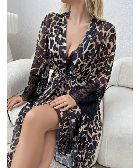 Sexy Sleepwear Women's Bathrobe Dress Set Leopard Print Lace Mesh Nightdress & Robe Bridal Lingerie Open Side Long Nightgown ...