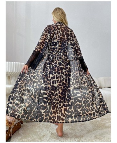 Sexy Sleepwear Women's Bathrobe Dress Set Leopard Print Lace Mesh Nightdress & Robe Bridal Lingerie Open Side Long Nightgown ...