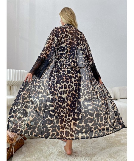 Sexy Sleepwear Women's Bathrobe Dress Set Leopard Print Lace Mesh Nightdress & Robe Bridal Lingerie Open Side Long Nightgown ...