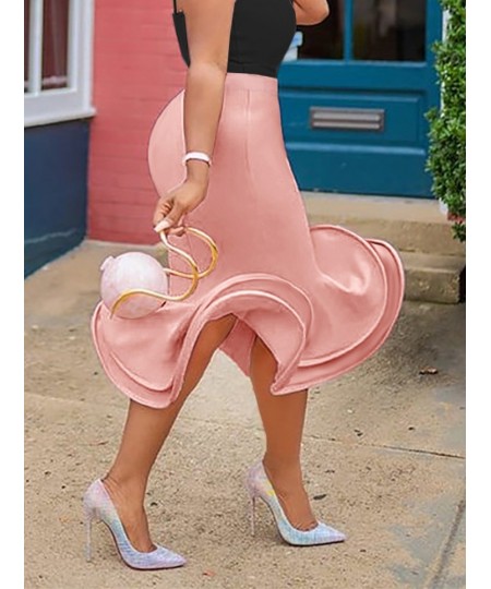 Women Mermaid Skirt High Waist Pink Trumpet Flare Fishtail Sheath Stylish Ruffles Elegant Party Event Elastic Classy Jupes $4...