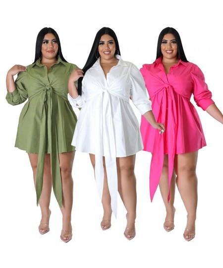 Plus size Stylish new oversized womenswear sexy solid tie-up shirt long sleeve mini button casual dress $61.64 - Plus Size Cl...