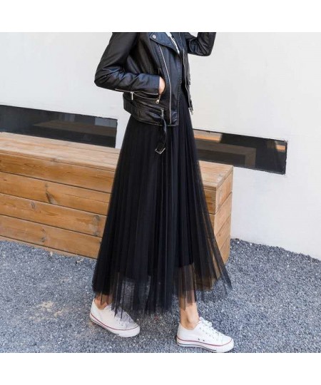 Tulle Skirts Womens 2022 Summer Long Maxi Skirt Female Elastic High Waist Pleated Tutu Skirt Sun Black Gray Pink $26.51 - Skirts