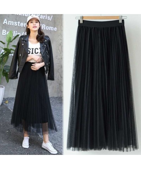 Tulle Skirts Womens 2022 Summer Long Maxi Skirt Female Elastic High Waist Pleated Tutu Skirt Sun Black Gray Pink $26.51 - Skirts