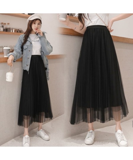 Tulle Skirts Womens 2022 Summer Long Maxi Skirt Female Elastic High Waist Pleated Tutu Skirt Sun Black Gray Pink $26.51 - Skirts