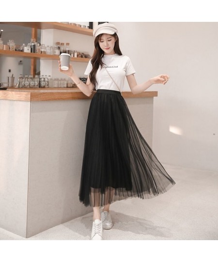 Tulle Skirts Womens 2022 Summer Long Maxi Skirt Female Elastic High Waist Pleated Tutu Skirt Sun Black Gray Pink $26.51 - Skirts