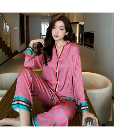 V Neck Letter Cross Printed Flower Satin Pajamas Sets Japan Girls Sleepwear Casual Women Home Clothes Sexy $45.29 - Sleepwears