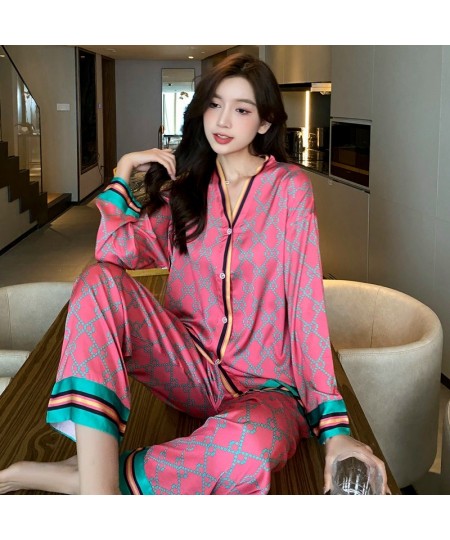 V Neck Letter Cross Printed Flower Satin Pajamas Sets Japan Girls Sleepwear Casual Women Home Clothes Sexy $45.29 - Sleepwears