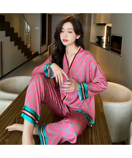 V Neck Letter Cross Printed Flower Satin Pajamas Sets Japan Girls Sleepwear Casual Women Home Clothes Sexy $45.29 - Sleepwears