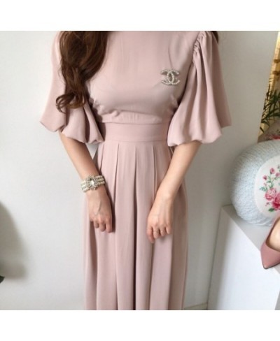 2023 CHIC New Summer Elegant Temperament Lace MIDI Pleated Skirt Waist Bubble Sleeve Dress Slim birthday dress for women $53....