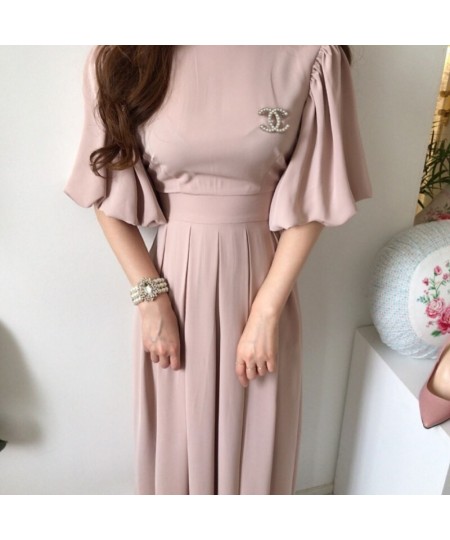 2023 CHIC New Summer Elegant Temperament Lace MIDI Pleated Skirt Waist Bubble Sleeve Dress Slim birthday dress for women $53....