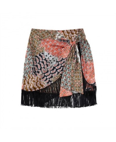 women's fringed double-breasted skirt summer new ethnic print knotted straps holiday dress high waist miniskirt $27.46 - Skirts