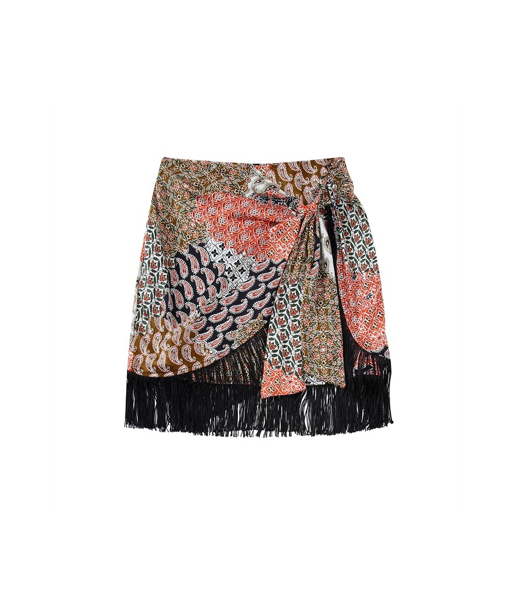 women's fringed double-breasted skirt summer new ethnic print knotted straps holiday dress high waist miniskirt $27.46 - Skirts