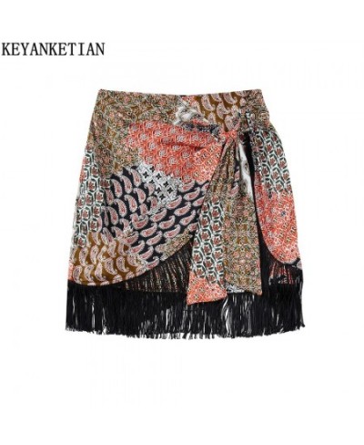 women's fringed double-breasted skirt summer new ethnic print knotted straps holiday dress high waist miniskirt $27.46 - Skirts