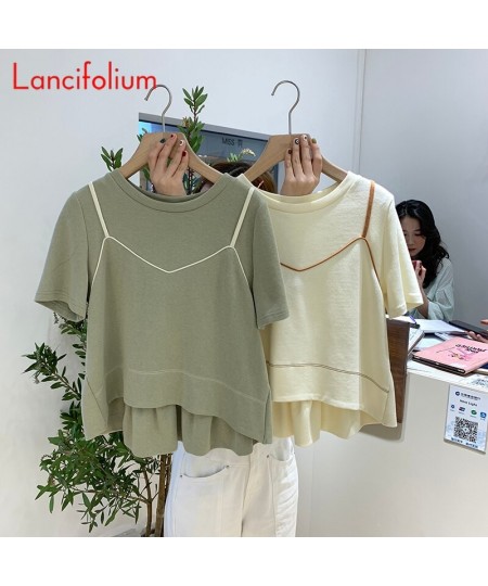 Short Sleeve Tee Summer Women Korean Fashion Baggy Contrast Patchwork Cami Fake Two Tshirt Top Y2k Vintage Harajuku T Shirt $...