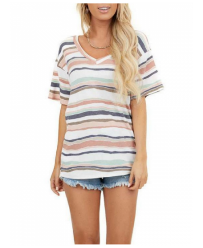 Striped T-shirt Women's Lovely Female Tops Tee Fashion Colorful V-neck Short-sleeve Y2k Clothes 2023 Womens Oversize T Shirt ...