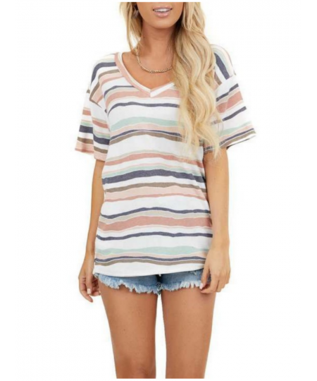 Striped T-shirt Women's Lovely Female Tops Tee Fashion Colorful V-neck Short-sleeve Y2k Clothes 2023 Womens Oversize T Shirt ...