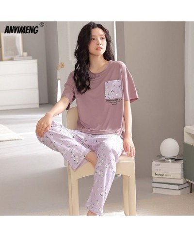 Summer Pajamas Set Short Sleeve Long Pants Sleepwear for Girls Floral Printing Nightwear Plus Size 4XL Fashion Woman Pijamas ...