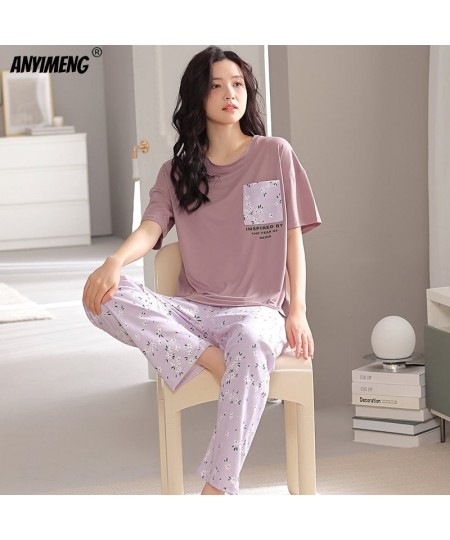 Summer Pajamas Set Short Sleeve Long Pants Sleepwear for Girls Floral Printing Nightwear Plus Size 4XL Fashion Woman Pijamas ...