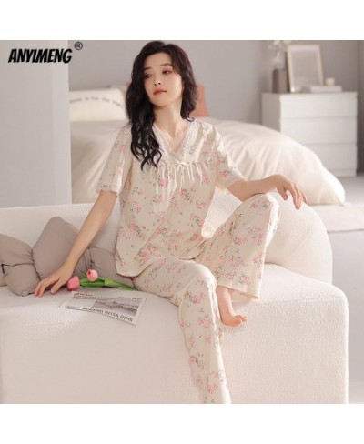 Summer Pajamas Set Short Sleeve Long Pants Sleepwear for Girls Floral Printing Nightwear Plus Size 4XL Fashion Woman Pijamas ...