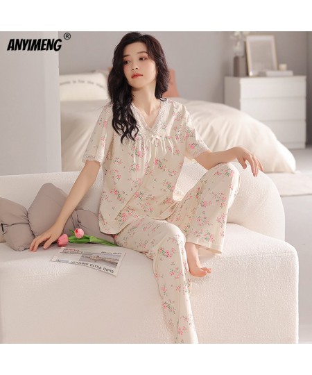 Summer Pajamas Set Short Sleeve Long Pants Sleepwear for Girls Floral Printing Nightwear Plus Size 4XL Fashion Woman Pijamas ...