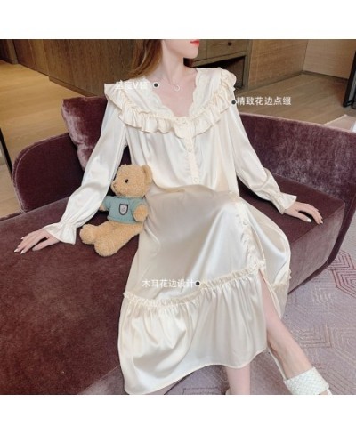 Women V-neck Nightgown Temperament Long Sleeve Ruffle Lace Single Breasted Sleepshirts Ladies Home Baggy S-4XL Comfort $33.71...